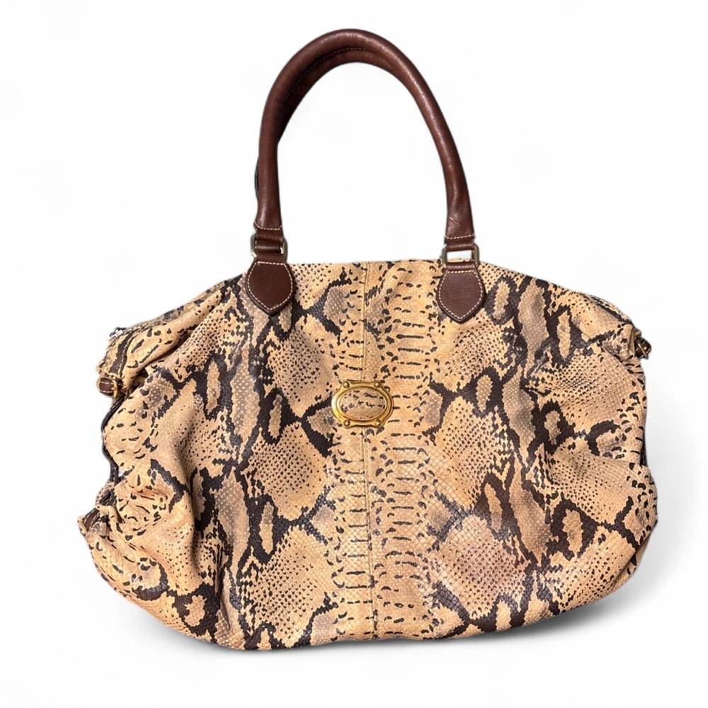 Vintage Francesco Biasia Snakeskin Print Handbag Tote Brown Leather Handles
